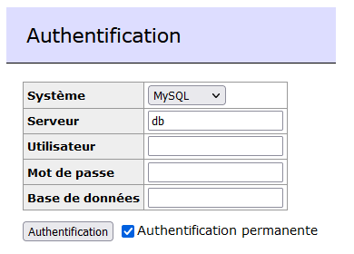 Interface de connexion à Adminer