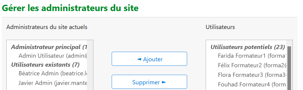 Interface de désignation des administrateurs