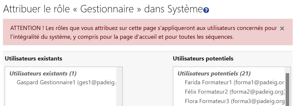 Interface d&#39;attribution du rôle gestionnaire d&#39;instance