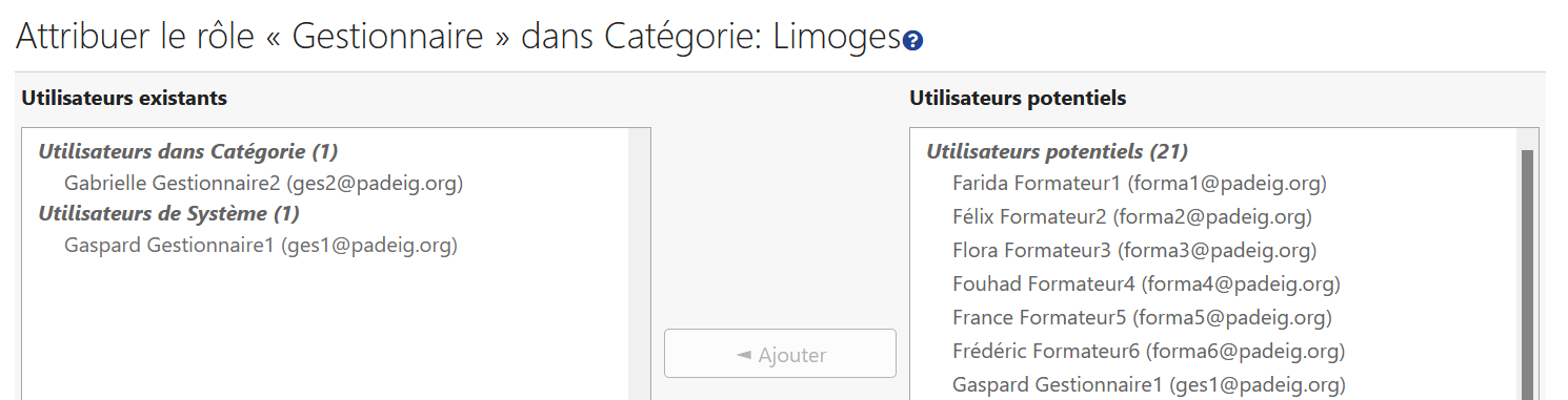 Interface d&#39;attribution du rôle gestionnaire de site