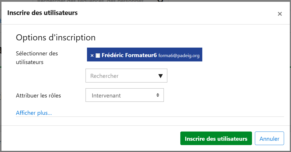 Interface d&#39;inscription d&#39;un intervenant ou stagiaire dans une séquence