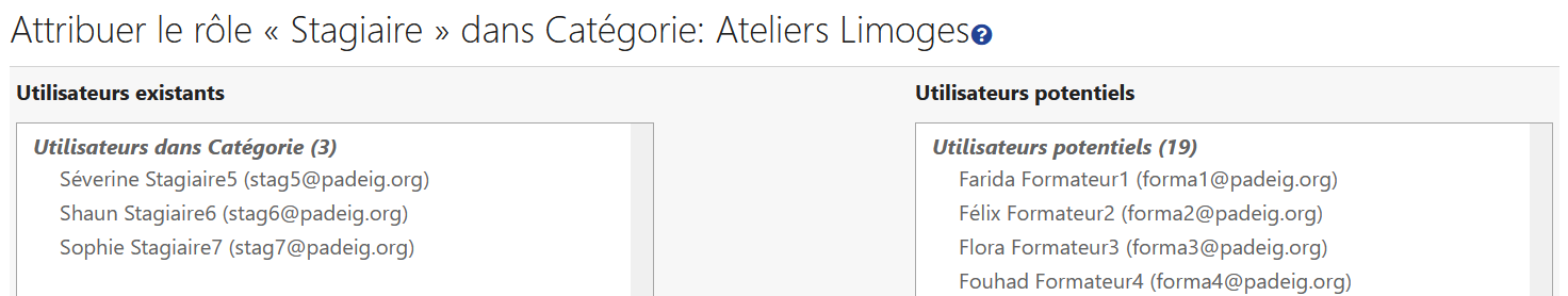 Interface d&#39;attribution du rôle stagiaire dans une catégorie d&#39;ateliers complémentaires
