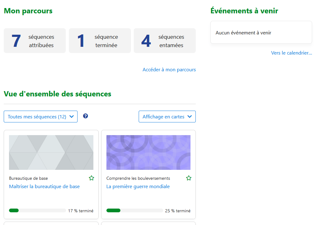 Vue du tableau de bord d&#39;un stagiaire