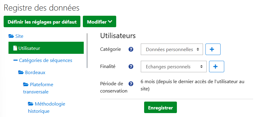 Période de conservation de 6 mois configurée pour les données dans le context utilisateur