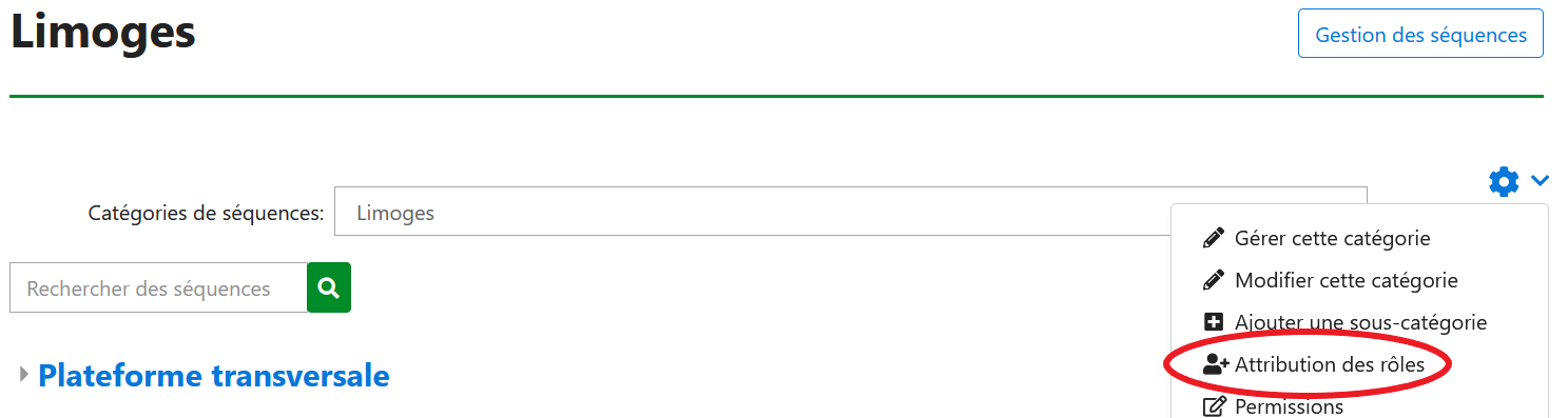 Choix &quot;Attribution des rôles&quot; dans le menu d&#39;actions d&#39;une catégorie