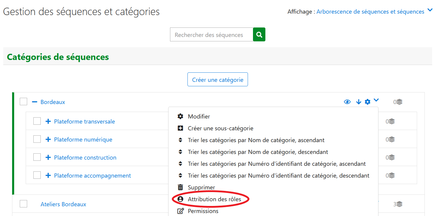 Choix &quot;Attribution des rôles&quot; dans l&#39;interface de gestion des séquences et catégories