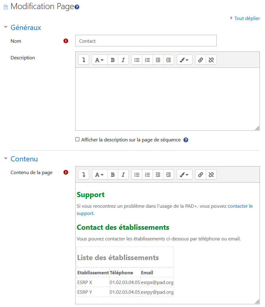 Edition de la page Contact