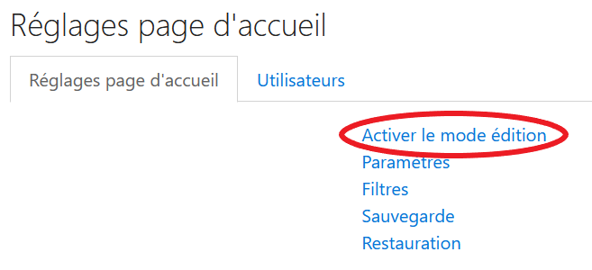 Activation du mode édition sur la page d&#39;accueil
