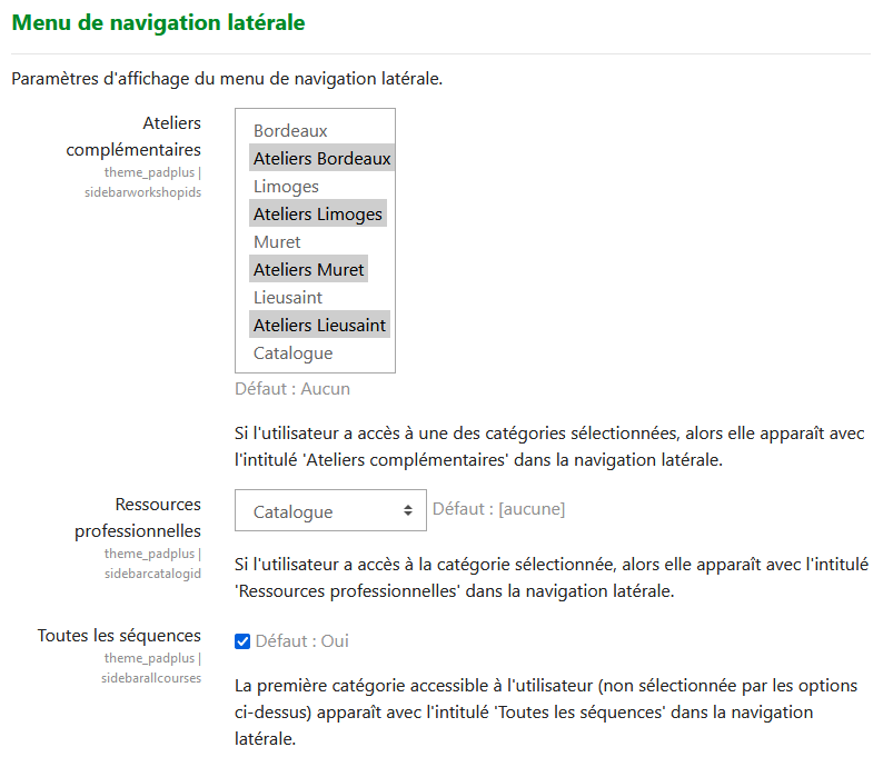 Paramètres d&#39;affichage des catégories dans le menu latéral