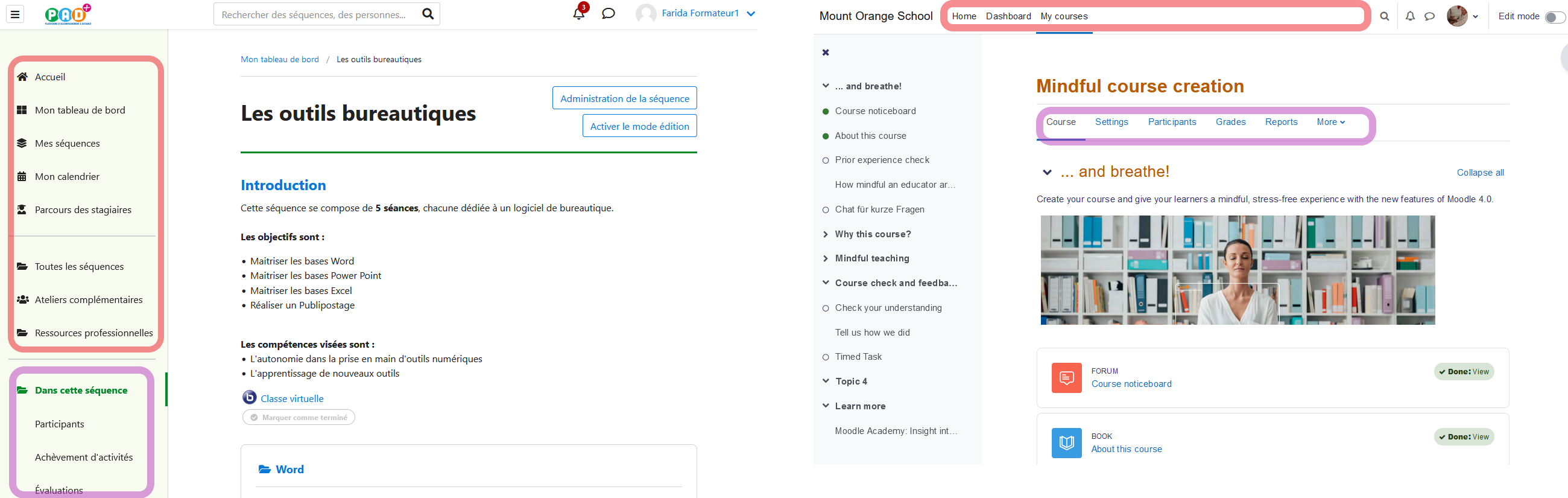 Correspondance de la navigation latérale entre la PAD+ et Moodle 4