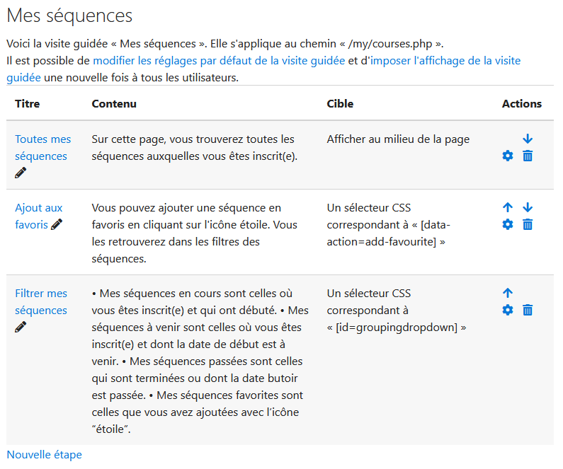 Affichage des étapes dans la configuration de la visite guidée &quot;Mes séquences&quot;